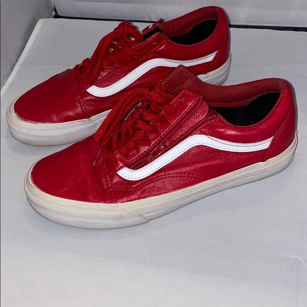Red leather Vans with zipper